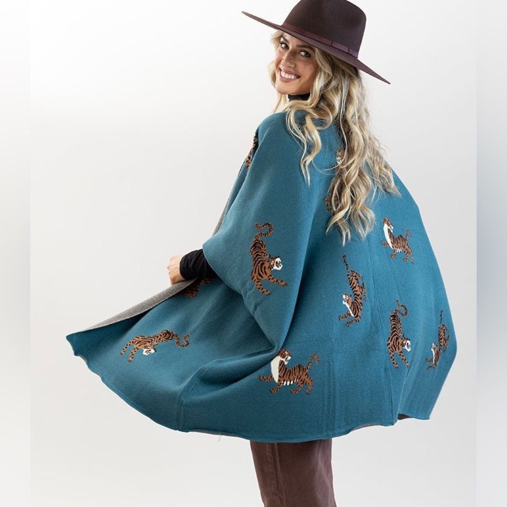 Teal Tiger poncho cardigan she & sky soft one size swing design sweater cozy
